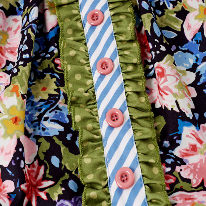 Striped Floral Button Dress - Blue