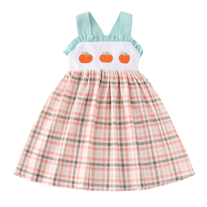 Pumpkin Embroidered Plaid Dress