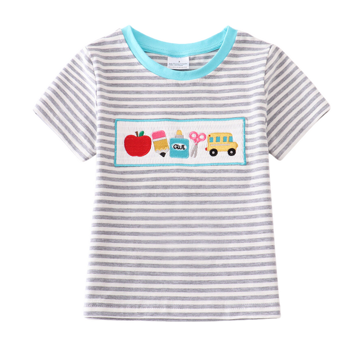 Grey Striped School Smocked Boys Shirt