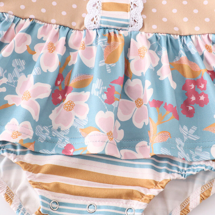 Beige Polka Dot Floral Romper